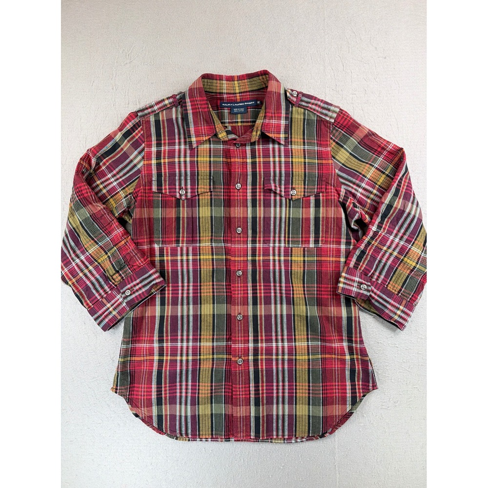 Ralph Lauren Sport Red Plaid Button Down Shirt 3/4 Sleeve Roll Tab Cotton 12